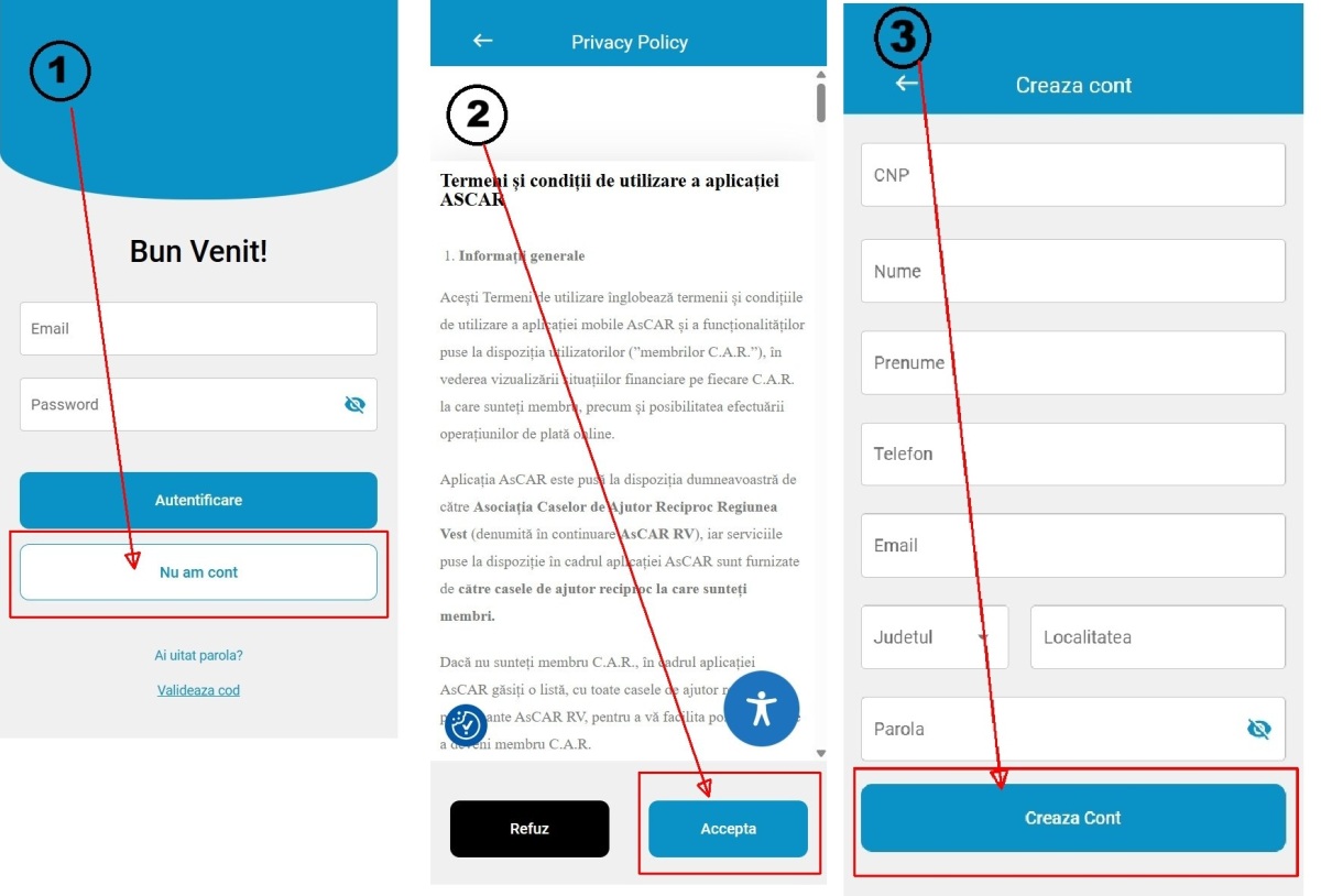 Creare cont aplicatia ASCAR plata CAR LONEA